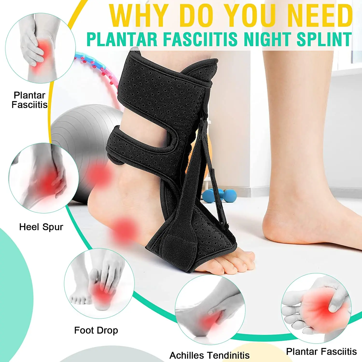 Plantar Fasciitis Night Splint Support, Plantar Fasciitis Brace, Adjustable  Foot Orthotic Brace with Hard Spiky Massage Ball for Heel Pain Arthritis
