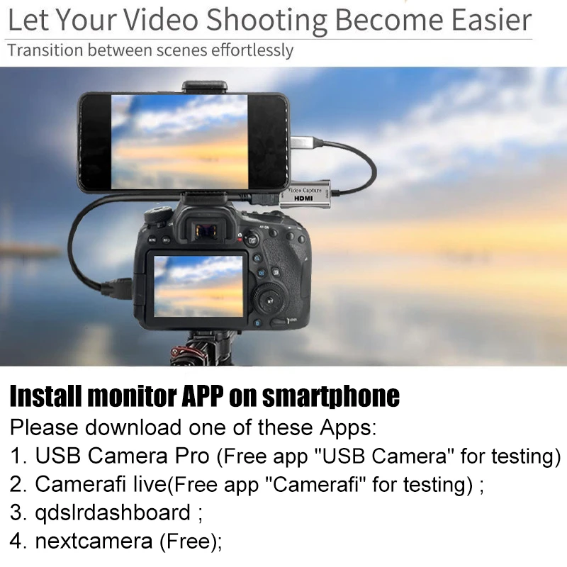 A video camera with an Android phone attached for livestreaming.