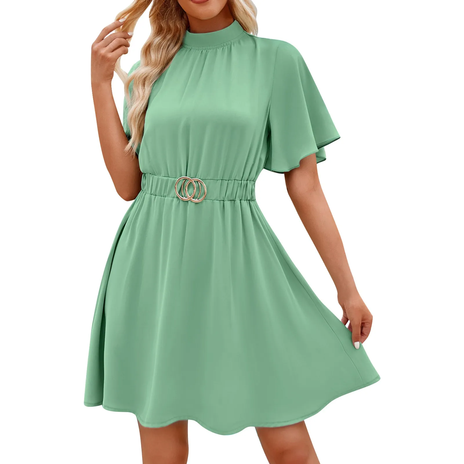 

Women's Dress New French Solid Color Half High Collar Short Sleeves Dress Casual Waist Solid A-line Skirt Female Clothing