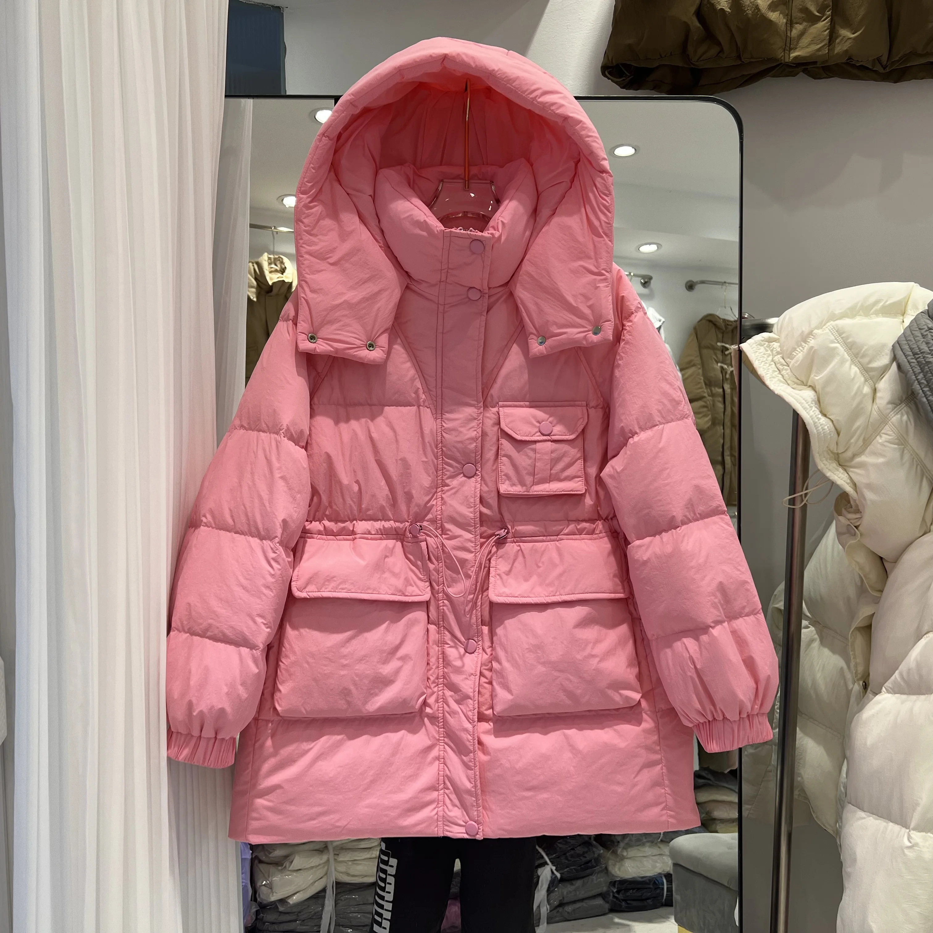 

Autumn Winter 2023 New Down Jacket Women's Fashion Long Sleeve Hooded Multi Pocket Thickening Warm White Duck Down Coat L312