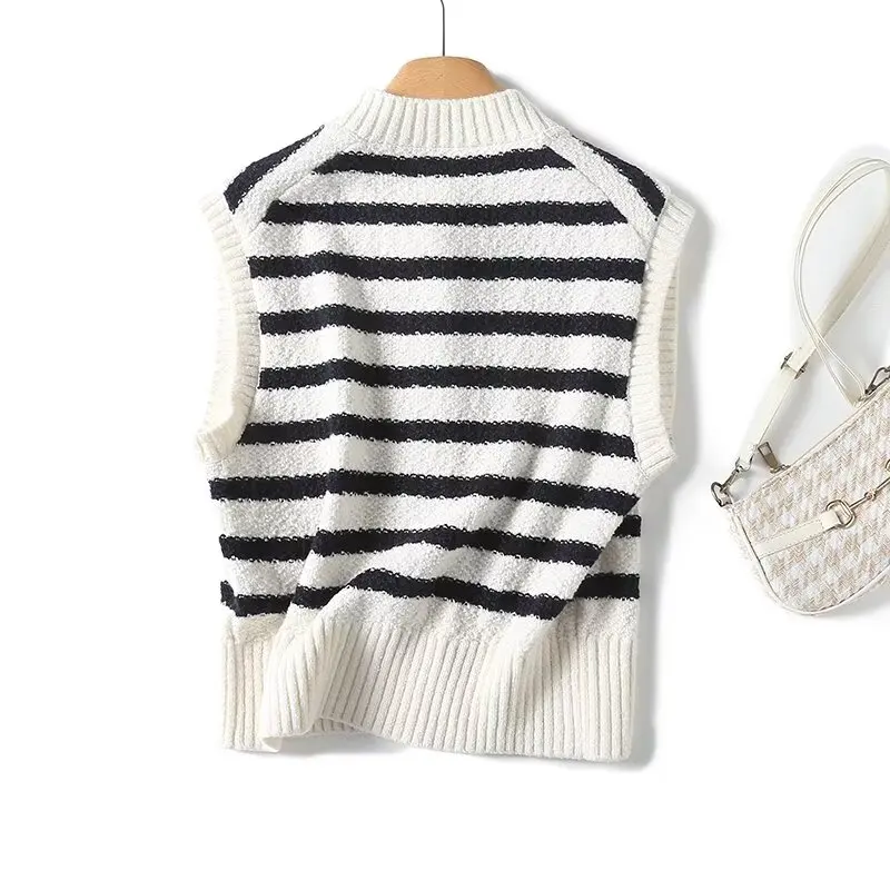

Dave&Di Retro Single Breasted Cardigan Sweater British Fashion Ladies Striped Knitted Vest Women Tops