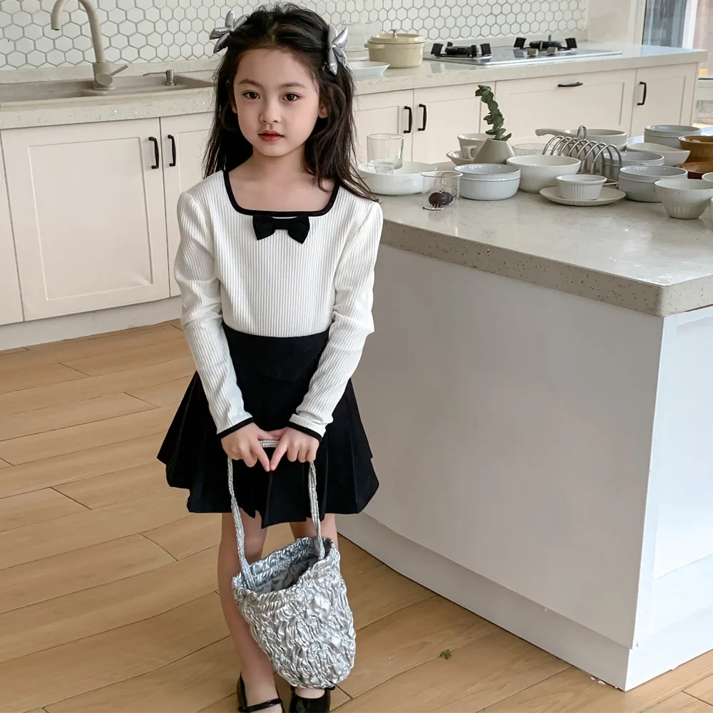 

2024 Spring Children Girl 2PCS Clothing Set Cotton Bow Long Sleeve Top Solid Pleated Skirt Baby Girl Outfit Young Kid Girl Suits