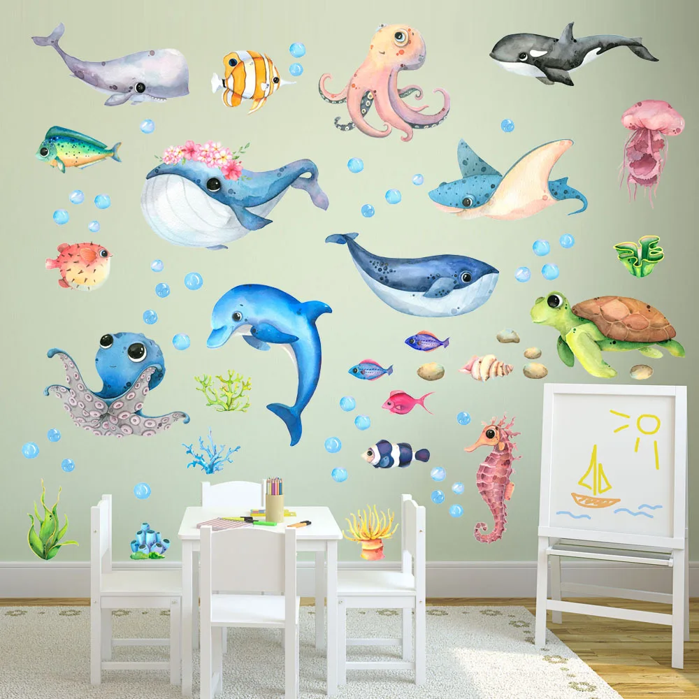 Wall Stickers Cartoon Marine Life Wall Stickers for Kids room Bathroom Wall Tile Decals Octopus Sea Turtle Fish Posters Home Decoration