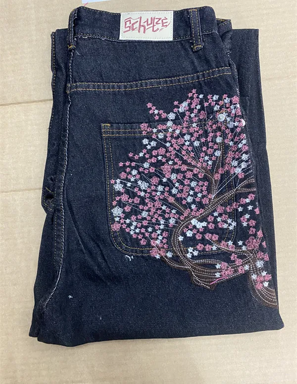 Vintage Low Waist Hip Hop Cherry Blossom Embroidered Jeans Wide Leg Trousers Y2K Clothes Mens Womes Embroidered Baggy Jeans 5