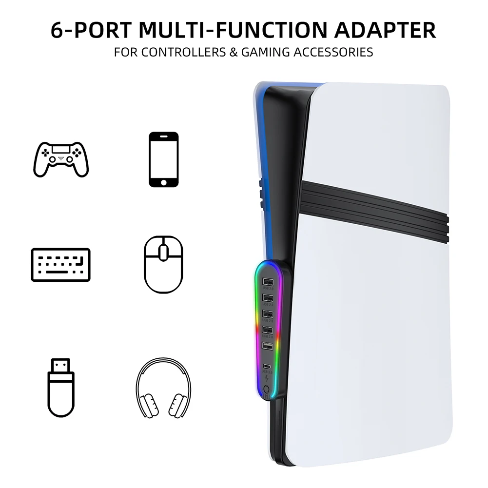 6 Ports USB Hub Charger Adapter for PlayStation 5 Pro/Slim Gaming Accessories with RGB Light USB Extender Data Transfer Extender