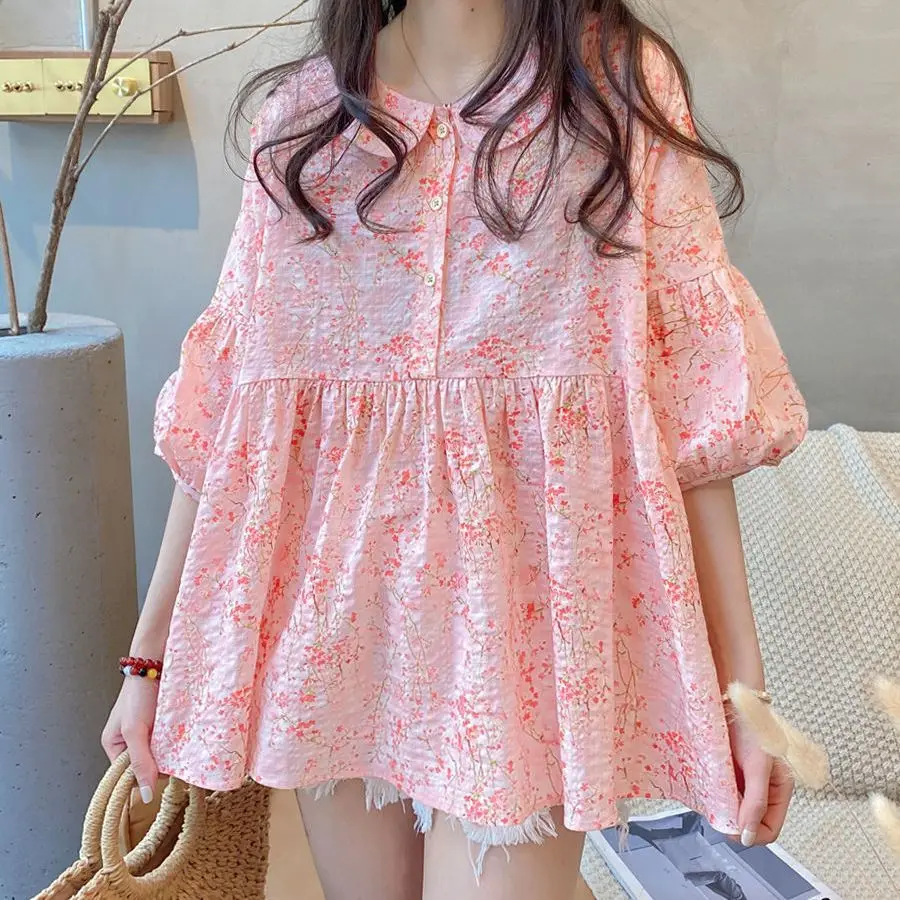 

Korean Fashion Short Sleeve Printed Shirt Tops Women'S Summer Version Loose Floral Lantern Sleeves New Doll Collar Shirts Female