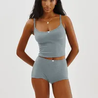Hirigin-Ensemble de pyjama en coton pour femme, manches longues, bretelles spaghetti, haut court en tricot, short avec batterie, vêtements de nuit monochromes, 2 pièces 3