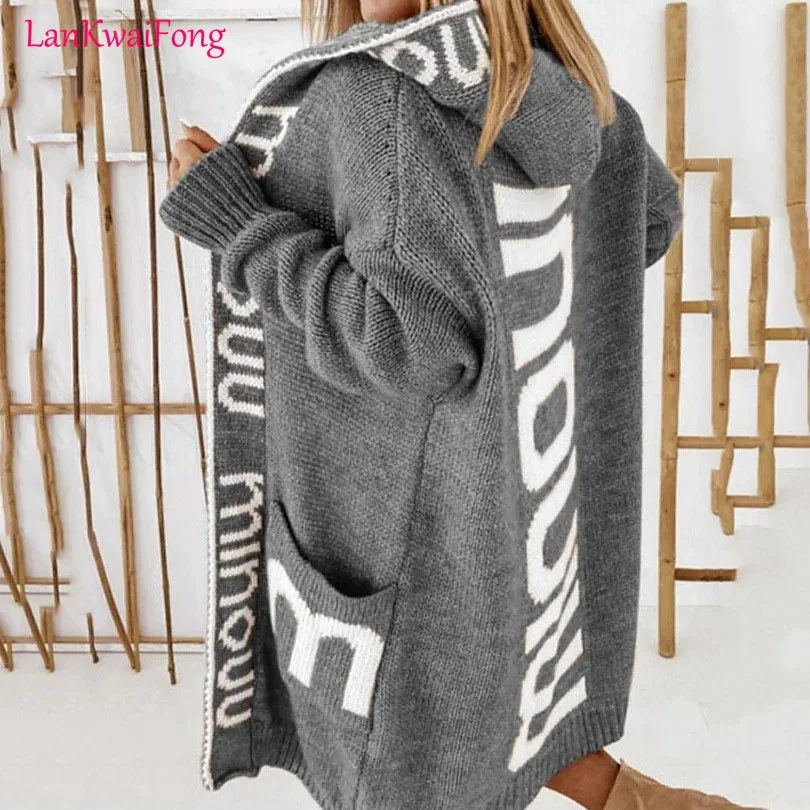 

LKF Knitted Cardigan Women's 2023 Mid Length Sweater Coat Letter Hooded Pocket Sweater Coat