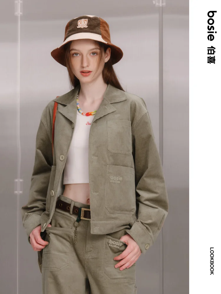 Jacket Coat Men's Solid Color Lapel Single-Breasted Loose Spring and Autumn Couple Embroidery Corduroy Short All-Match Fashion