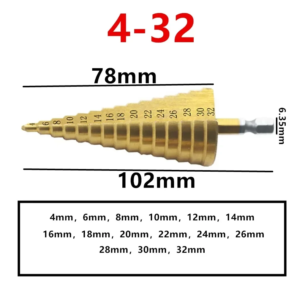 

Speed Drill High Bit Cone Tools Metal Drill HSS Power Cutter Step Titanium Hole Step 4-32 Mm Steel Coated 1Pcs Wood Drilling