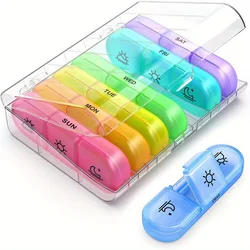 Weekly Pill Organizer with Tri - Daily Compartments - Light - Resistant Container for Vitamins and Supplements (Transparent - Colorful)