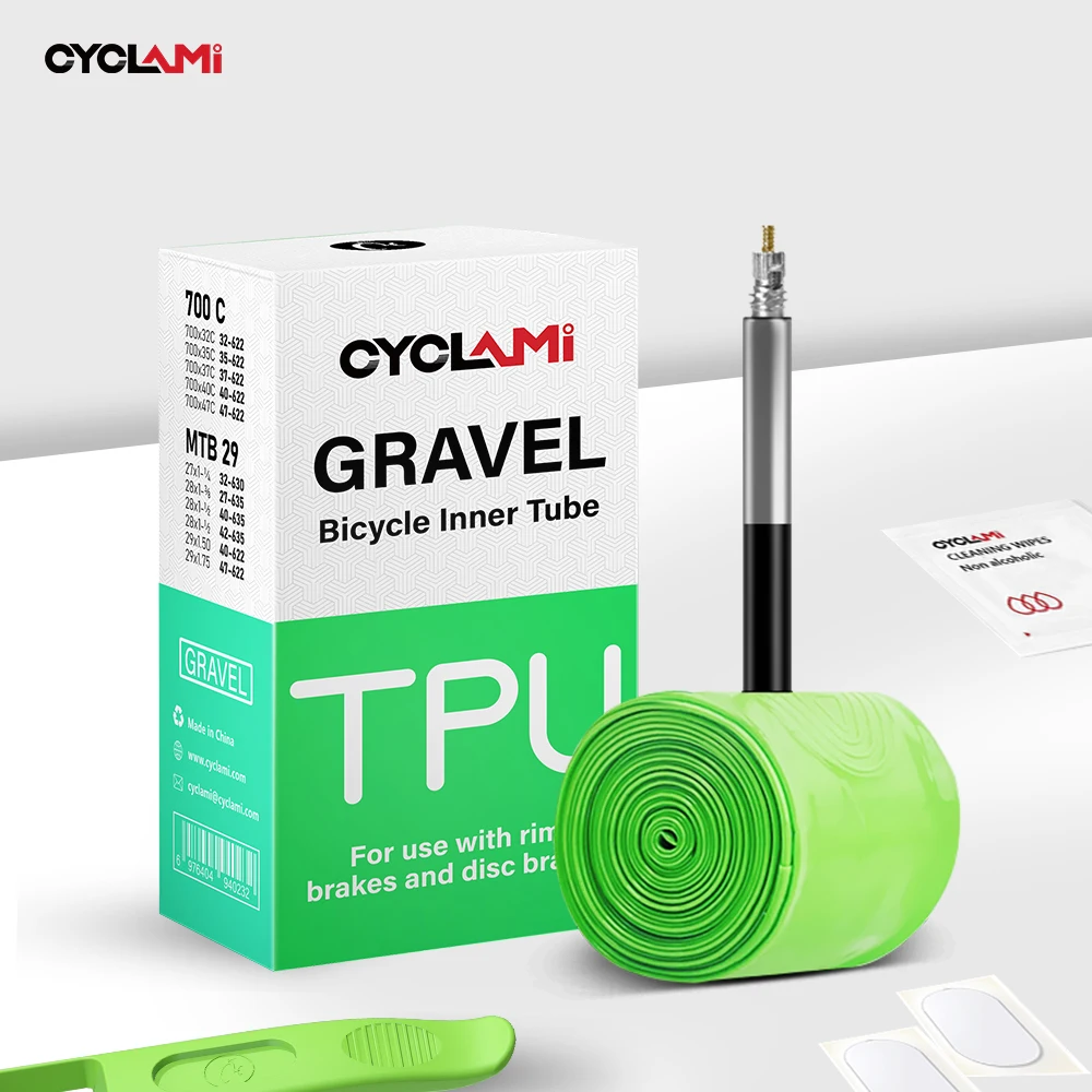 CYCLAMI Gravel TPU binnenband racefiets 46g ultralichte 700c x 32-47C fietsbinnenband met 45mm/65mm Presta-ventielen, 2 stuks (incl. fietsbandreparatieset en bandenlichter
