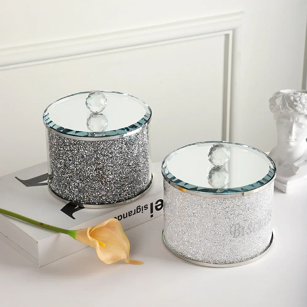 Crystal Glass Biscuit Container Jar Tin with Lid Kitchen Counter Storage Silver Trimmings Crystal Filled Decorative Storage Box 6