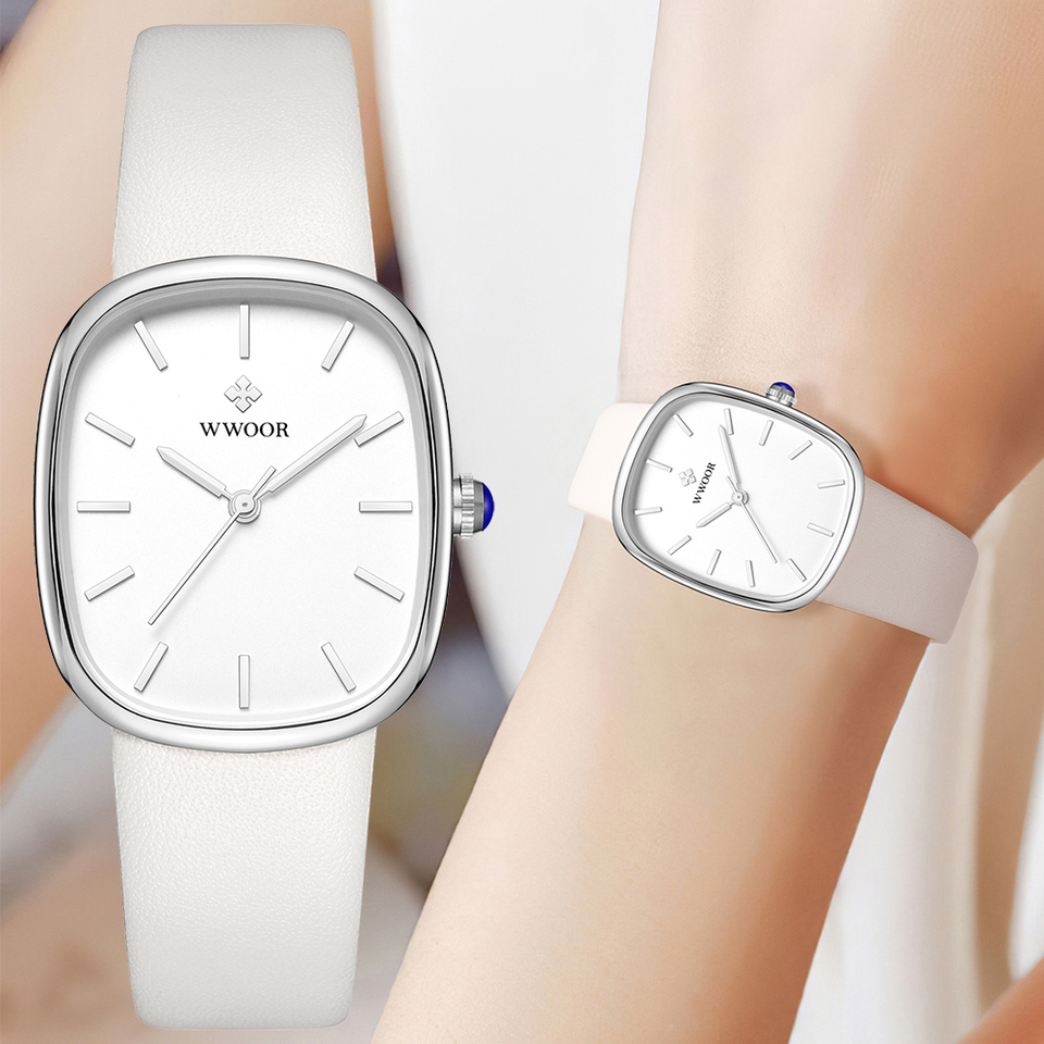 WWOOR New White Watch For Women Fashion Dress Ladies Quartz Wristwatch Waterproof Clock Simple Leather Women Watch Montre Femme