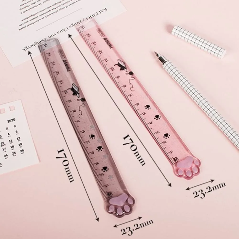 1/2Pcs 귀여운 고양이 발 모양 직선 자, 학생용 사무용품, 어린이 선물용 투명 플라스틱 측정 및 그리기 자