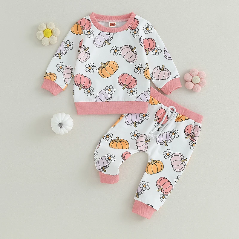 

Infant Baby Girl 2Pcs Halloween Clothes Suit Pumpkin & Flower Print Long Sleeve Crewneck Tops+Pants Fall Outfit Kids Clothes Set