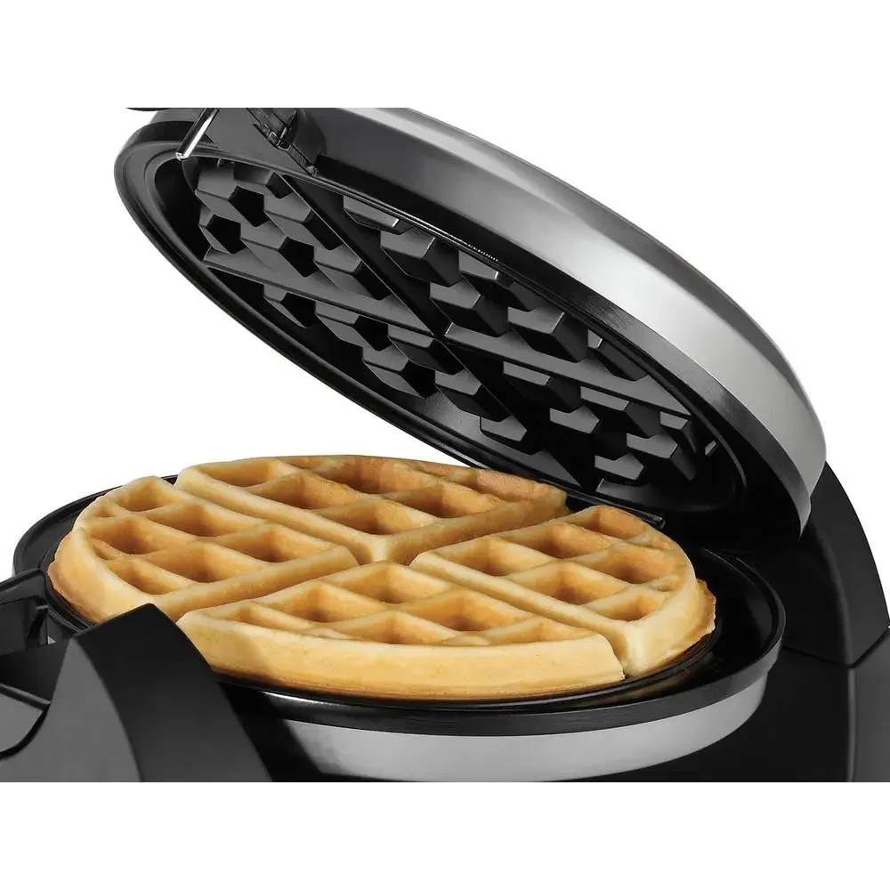 Stainless Steel Rotary Waffle Maker with Flip Handle Evenly Cooked Belgian Waffles Indicator Lights Compact Design Nonstick 3