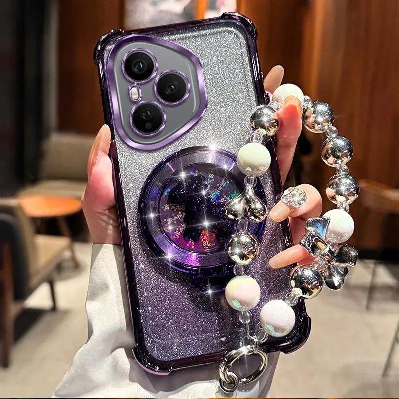 Shockproof Glitter Plating Phone Case with Pony Bracket and Beaded Bracelet