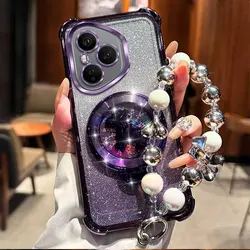 Shockproof Glitter Plating Phone Case with Pony Bracket and Beaded Bracelet for Honor 500 (Purple)