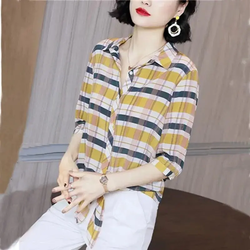 Vintage Contrasting Colors Plaid Shirt Female Clothing Single-breasted Stylish Bandage 2023 Summer Half Sleeve Polo-Neck Blouse cokal high quality plaid vintage pocket office women s stylish slim casual style blazer single button suit jacket