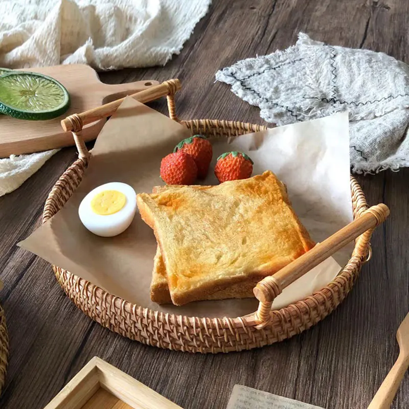 Storage Tray Kitchen Tray Bamboo Organizer Tray Handwoven Rattan Bread Fruit Cake Snacks Picnic Serving