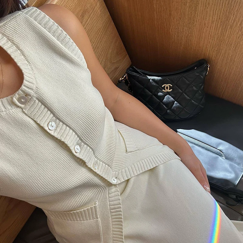 TARUXY Summer Fashion Knitted Skirt Suit Sleeveless Vest Pocket Slit High Waist Long Skirt Elegant White Ribbed Knitwear Outfits