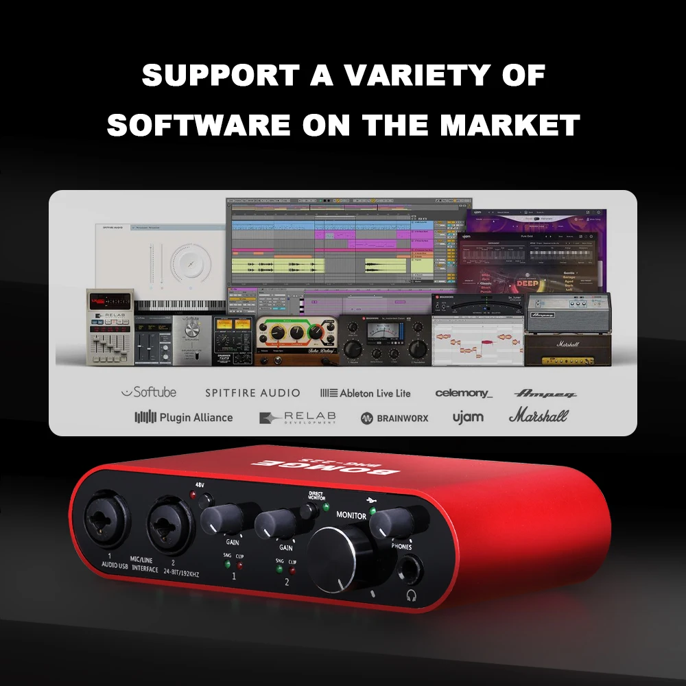 32Bit/192kHz 1 2channel USB Audio Interface With XLR 48V Phantom Power For Audio Mixer Interface Studio Recording Guitarist PC