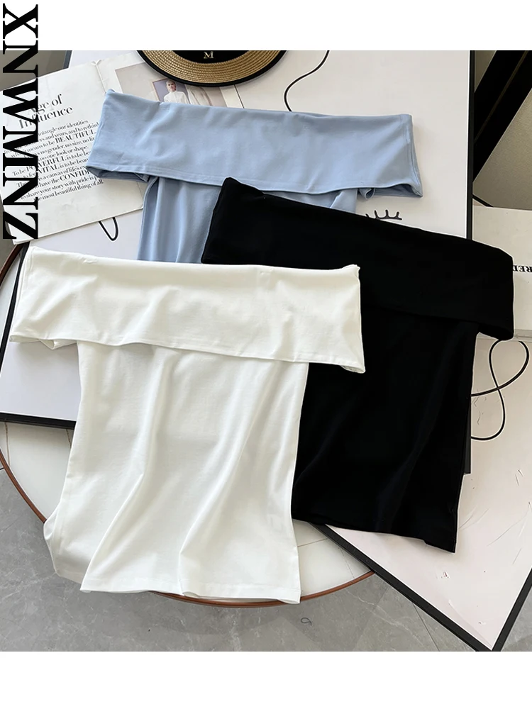 

XNWMNZ Women Fashion Slim Fit Straight Neck Elastic Knit Top Woman High Street Off Shoulder Versatile Female Chic Top