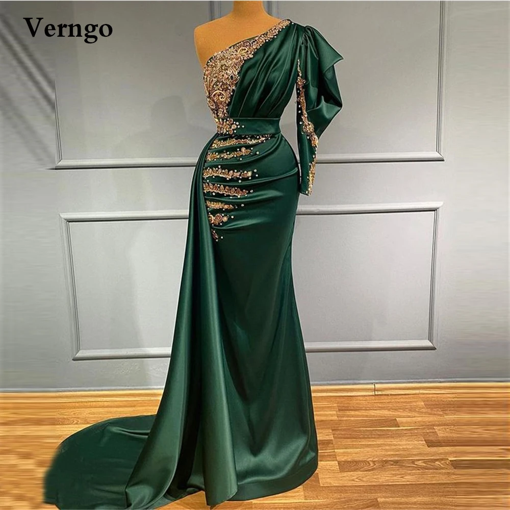 

Verngo Emerald Green Satin Mermaid Evening Dresses One Shoulder Applique Beads Pleats Long Prom Gowns Dubai Women Formal Dress