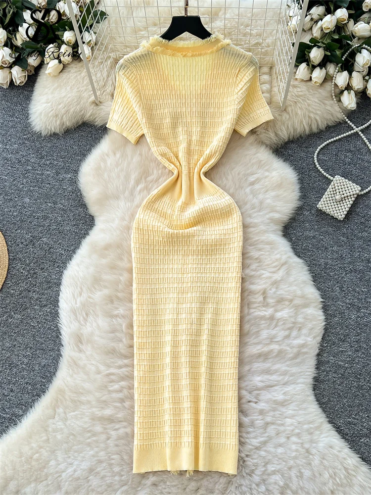 SINGREINY Workwear Elastic Knitted Dress Women Short Sleeves Single Breasted Design 2025 Summer Korean Vintage Split LongDress 2