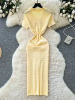 SINGREINY Workwear Elastic Knitted Dress Women Short Sleeves Single Breasted Design 2025 Summer Korean Vintage Split LongDress - Image 2