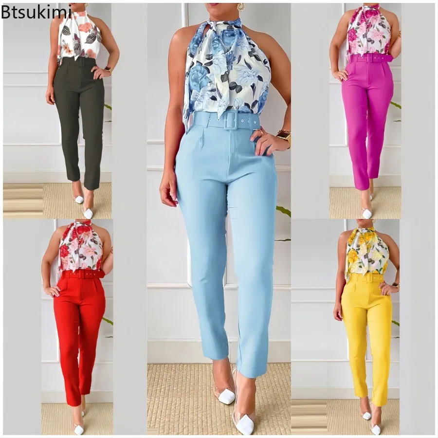 2023 Women's Floral Print Pant Sets 2PCS  Spring Summer Sleeveless Hanging Neck Vest Top Shirts and High Waist Pants with Belt kitty stardust and the mices from mars sleeveless dress dresses for women 2023 evening dress women ceremony dresses