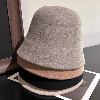 2024 New 100% Wool Bucket Fisherman Hat Autumn/Winter Japanese Fashion Round Top Retro Versatile Bowl Hat