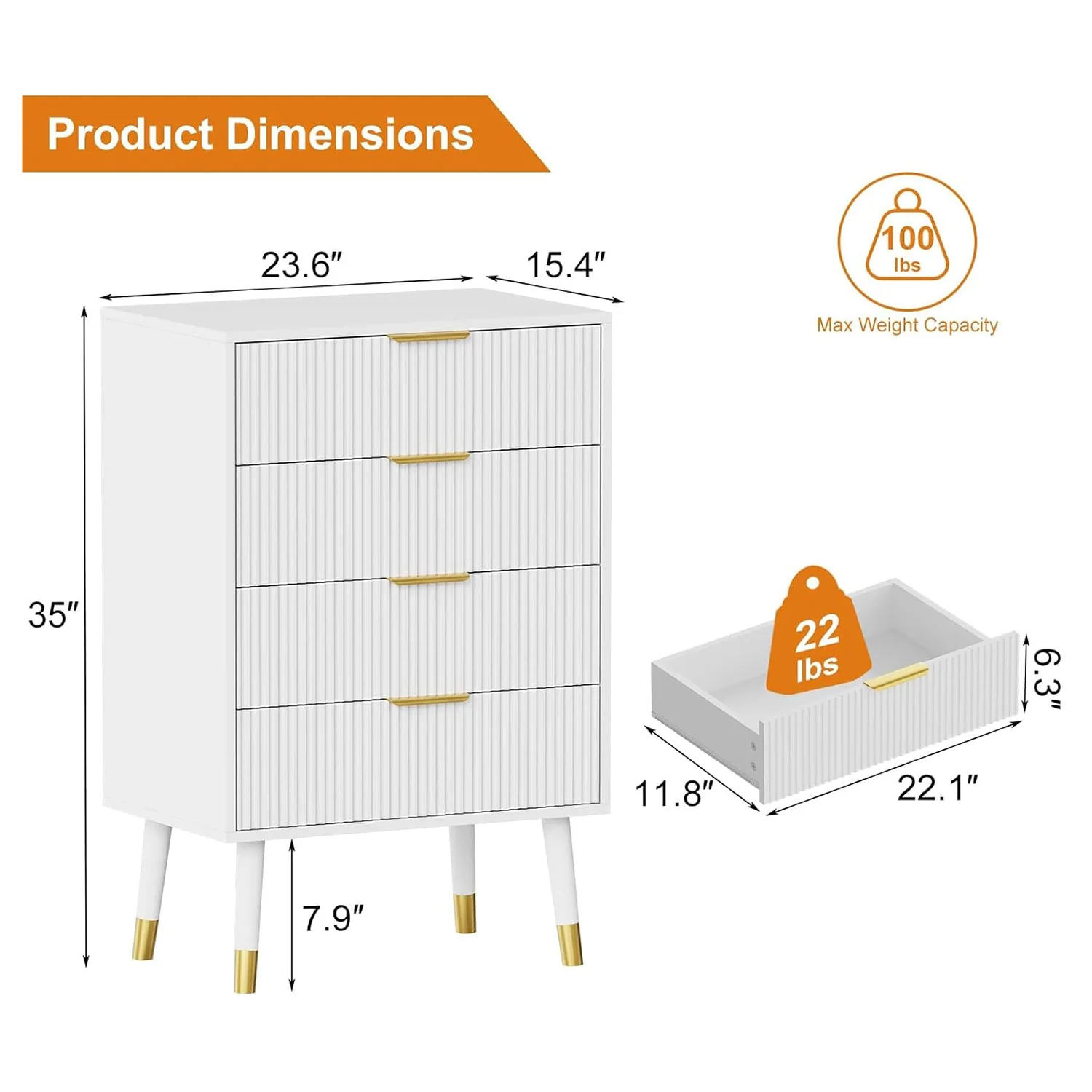 Kommode mit 4 Schubladen für Schlafzimmer, Kommode mit goldenen Griffen, hohe Kommode, kleiner Aufbewahrungsschrank aus Holz für Wohnzimmer – Detail 2