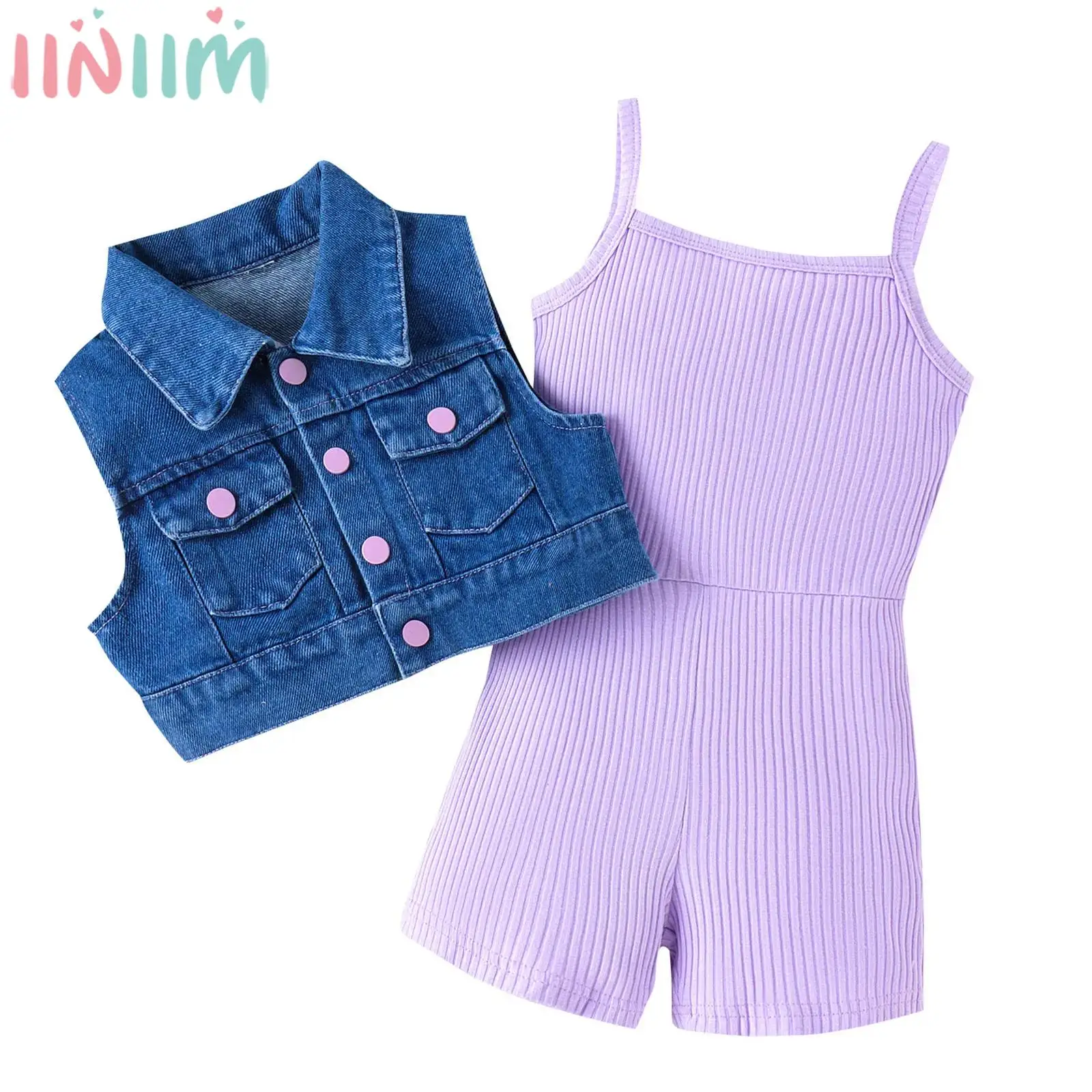 

Kids Girl Fashion Costume Set Sleeveless Rib Knitted Bodysuit with Denim Vest Coat School Daily Birthday Party Outfit Streetwear