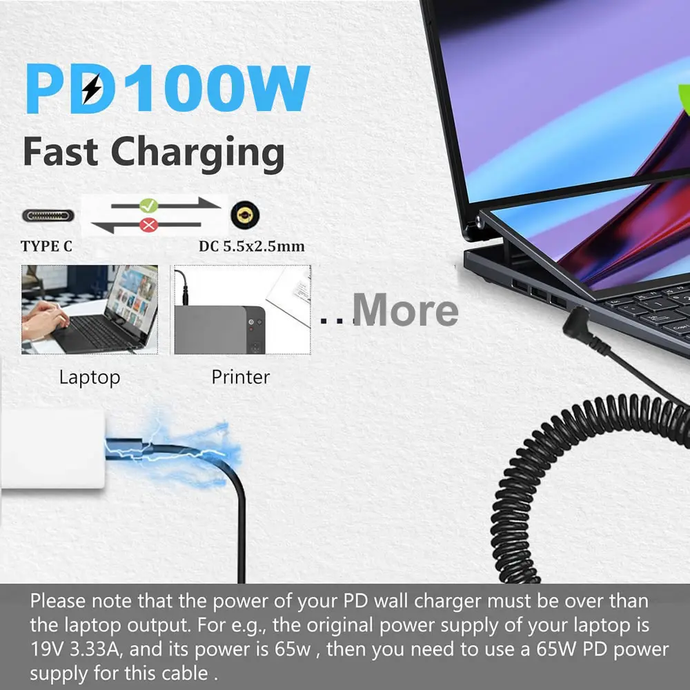 USB C to DC 5.5mm x 2.5mm 전원 코드, USB 타입 C PD 입력 to DC 20V 5A 출력 전원 케이블, 야외, 스튜디오 및 여행 충전용