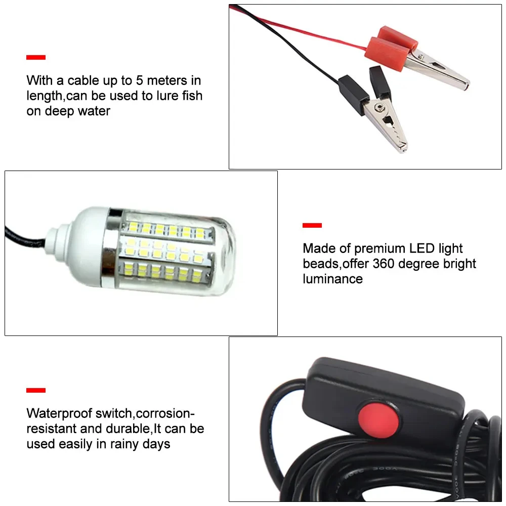 Underwater Light 12V LED Fishing Light 100W Ip68 Lure Fish Finder Lamp 108 leds 2835SMD Attracts Prawns Squid Krill 4 Colors