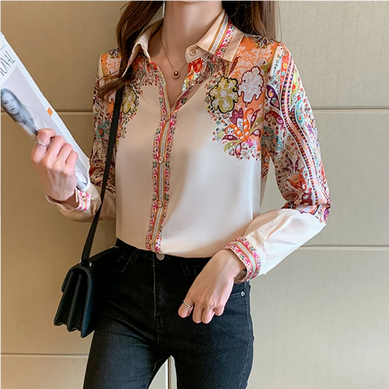 Floral Print Satin Blouse for Women Long Sleeve Office Tops