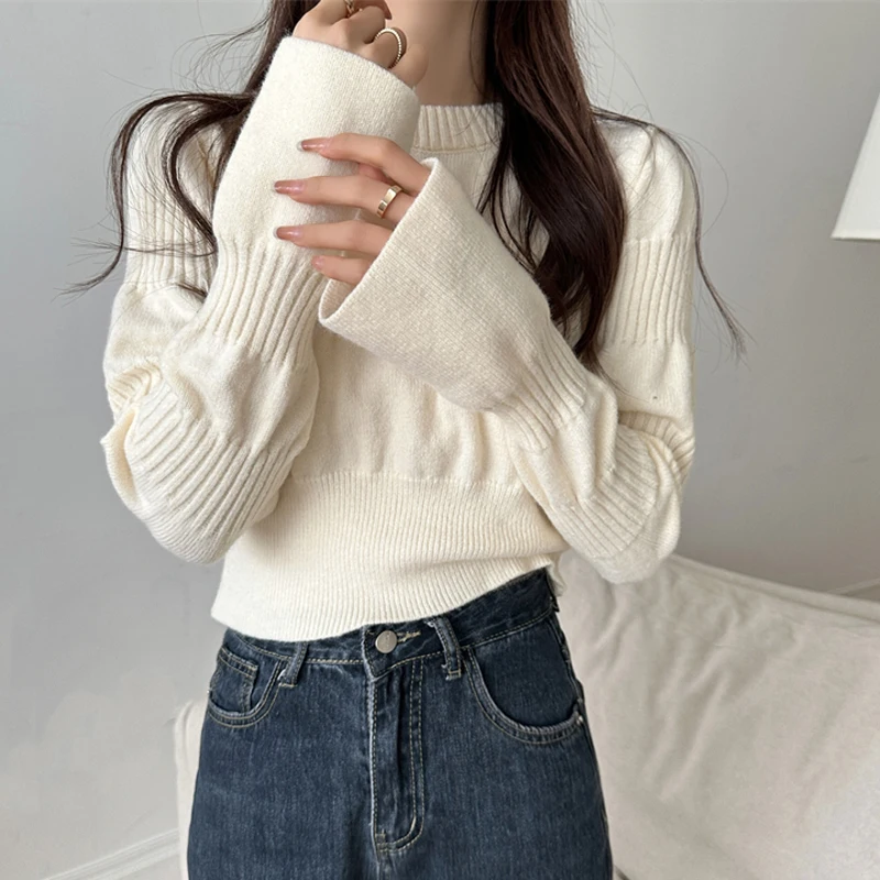 

Temperament O-Neck Pullover Sweater Loose Wild Leisure Long Sleeve Knitting Top Solid Color Pull Femme Sueter Mujer