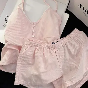 Sweet Stripe V-Neck Strap Sleepwear Women's Summer Slim Fit Vest Shorts Home Clothes Large Size Set Youth Cotton Pajamas 2