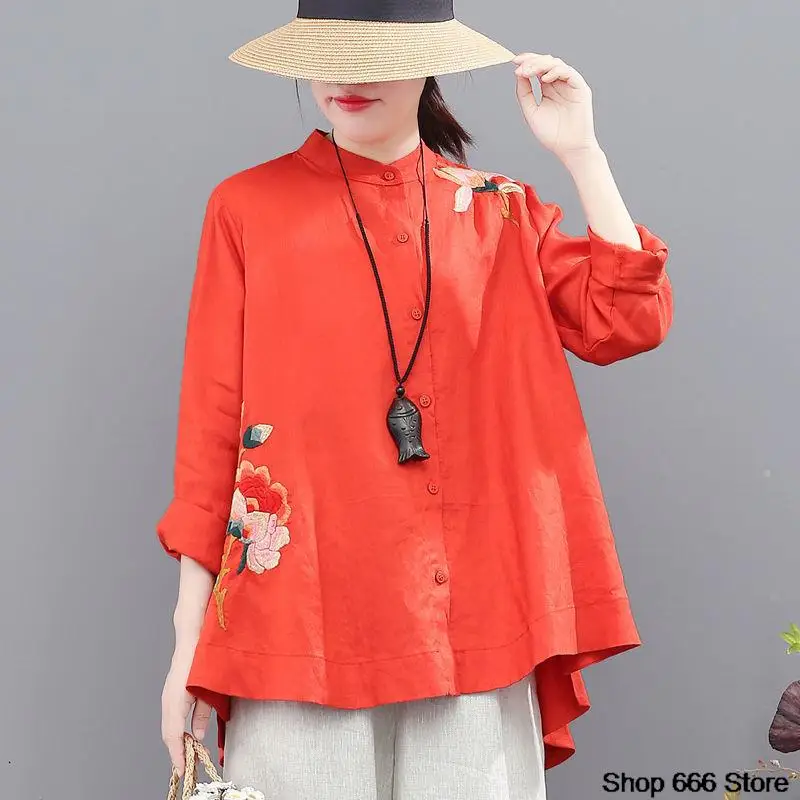 Women Chinese Shirt Ethnic Style Vintage Harajuku Embroidery Chinese Tops Women Spring classical Loose Cotton Coat Tang Suit Female Autumn