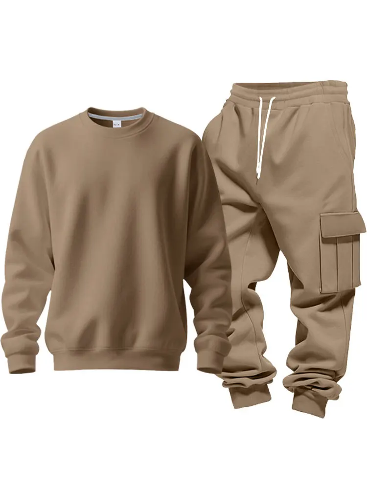 Herren Fleece Rundhals-Sweatshirt-Set Locker Lässiges Langarm-Zweiteiler-Set Herbst Winter Bequemes Sweatshirt Cargo-Hose – Detail 37
