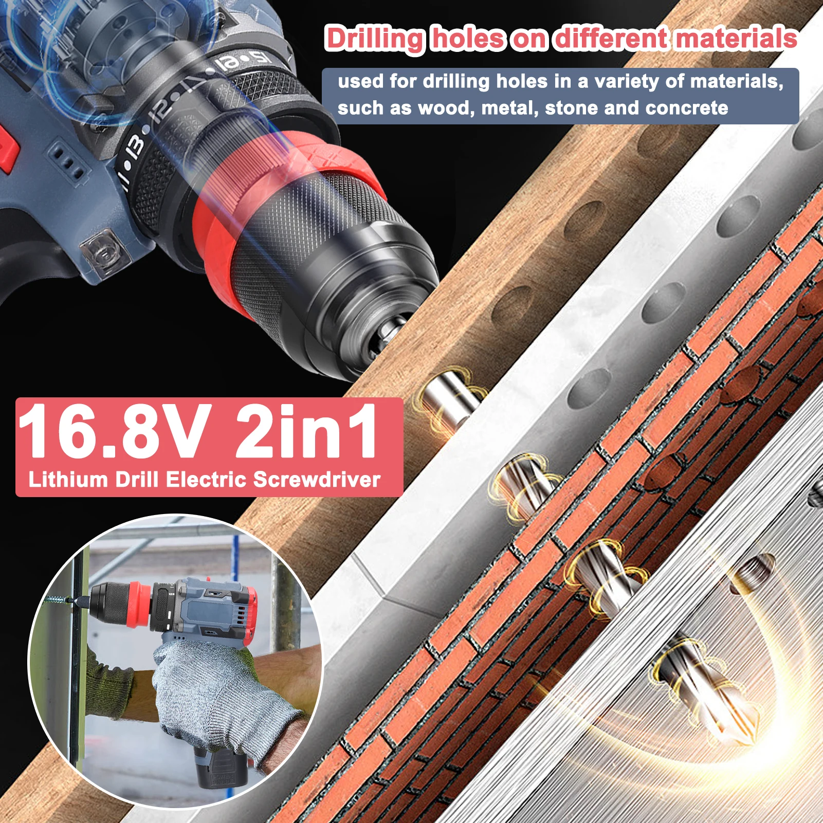16.8V/21V Cordless 2in1 Electric Screwdriver Drill Brushless Motor 45/55Nm Rechargeable Multifunction Screw Driver Impact Drill 6