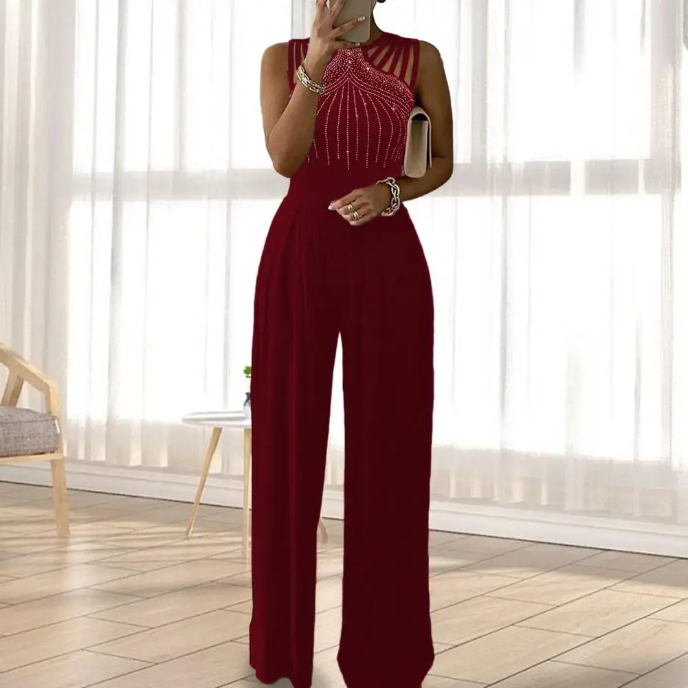 

Women Jumpsuit Elegant Women's Prom Jumpsuit Sleeveless Wide Leg Decor High Waist Solid Color Back Zipper for Parties Hollow Out