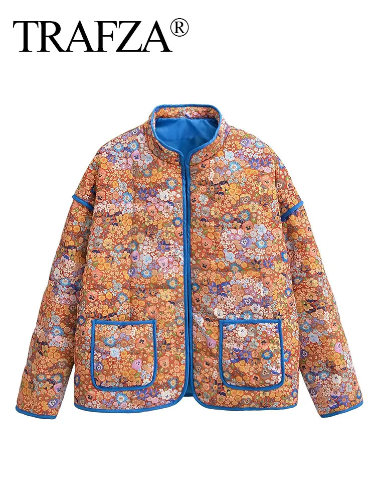 HH Women Casual Flower Print Stand Collar Jacket Pocket Long Sleeve Female Coat 2024 Autumn Vintage Lady Outwear