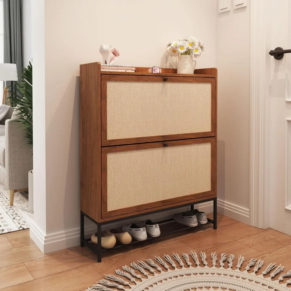 Shoe Cabinet, Cabinet Freestanding Tipping Bucket Rack Organizer with 2 Flip Drawers, Modern Entryway Narrow Shoe