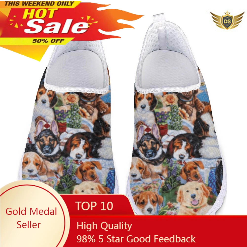 Breathable AF Mesh Sneakers For Women Cute Dogs Painting Print Female Flat Shoes Summer Soft Slip-on Loafers
