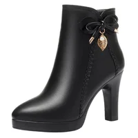 High-heeled Plush Velvet Boots Autumn Winter New Women's Cotton Shoes Zip Black Waterproof Thick Heel Single Bow Tie Short Shoes - Image 2