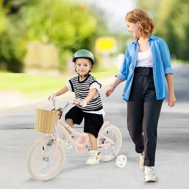 Children's Bike, 14-18 Inch with Training Wheels, Basket, Adjustable Seat & Handlebar, Hand Brakes, Suitable for Ages 3-8