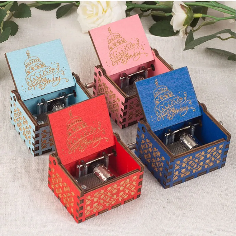Wooden Music Box Girl Birthday Gifts For Girlfriend Happy Birthday To You Theme UV Painting Diy Home Accessories Decor Garden